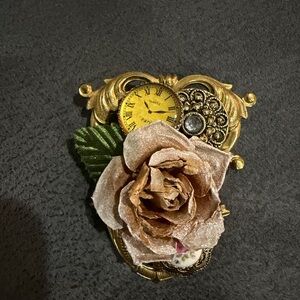 Gold Floral Brooch with Clock Detail